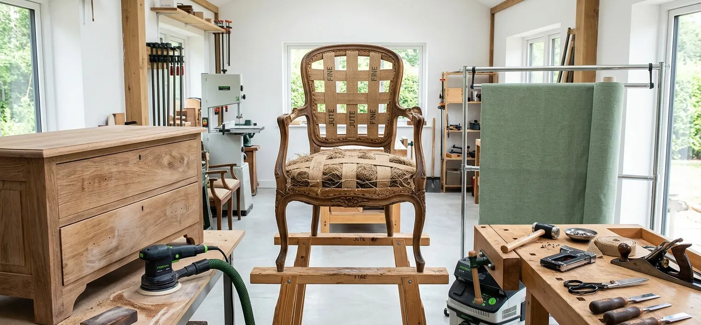 Stripped armchair on trestles and a chest of drawers being sanded in a restoration workshop
