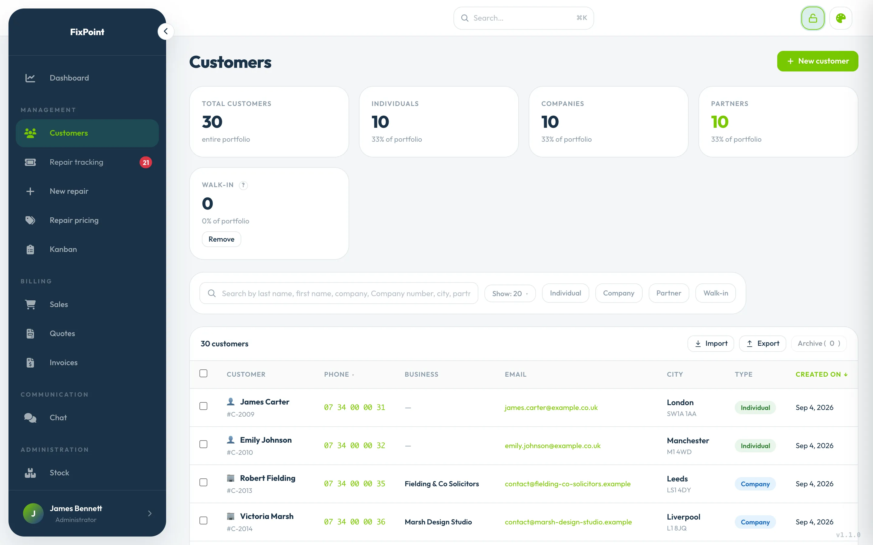 Limeez customer list, split between individuals, companies and partners.