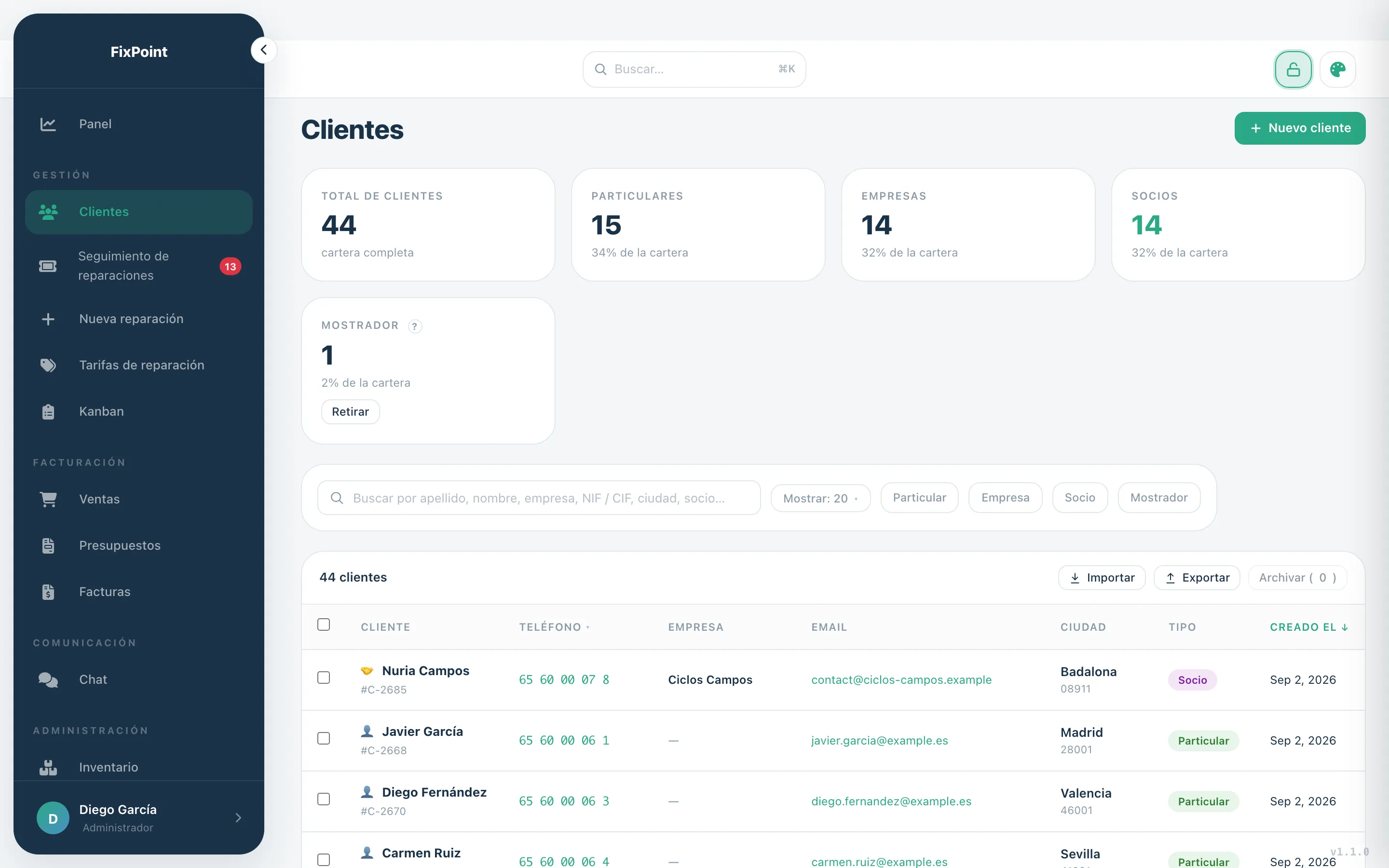 Lista de clientes de Limeez, repartidos entre particulares, empresas y partners.