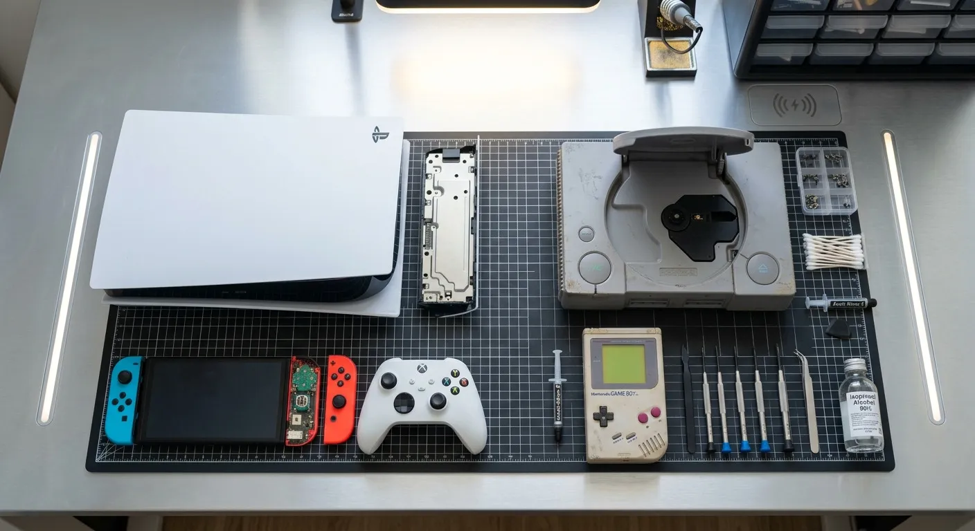 Current and retro consoles lined up for repair: home console opened up, detached controllers, a grey 1990s console and a monochrome handheld
