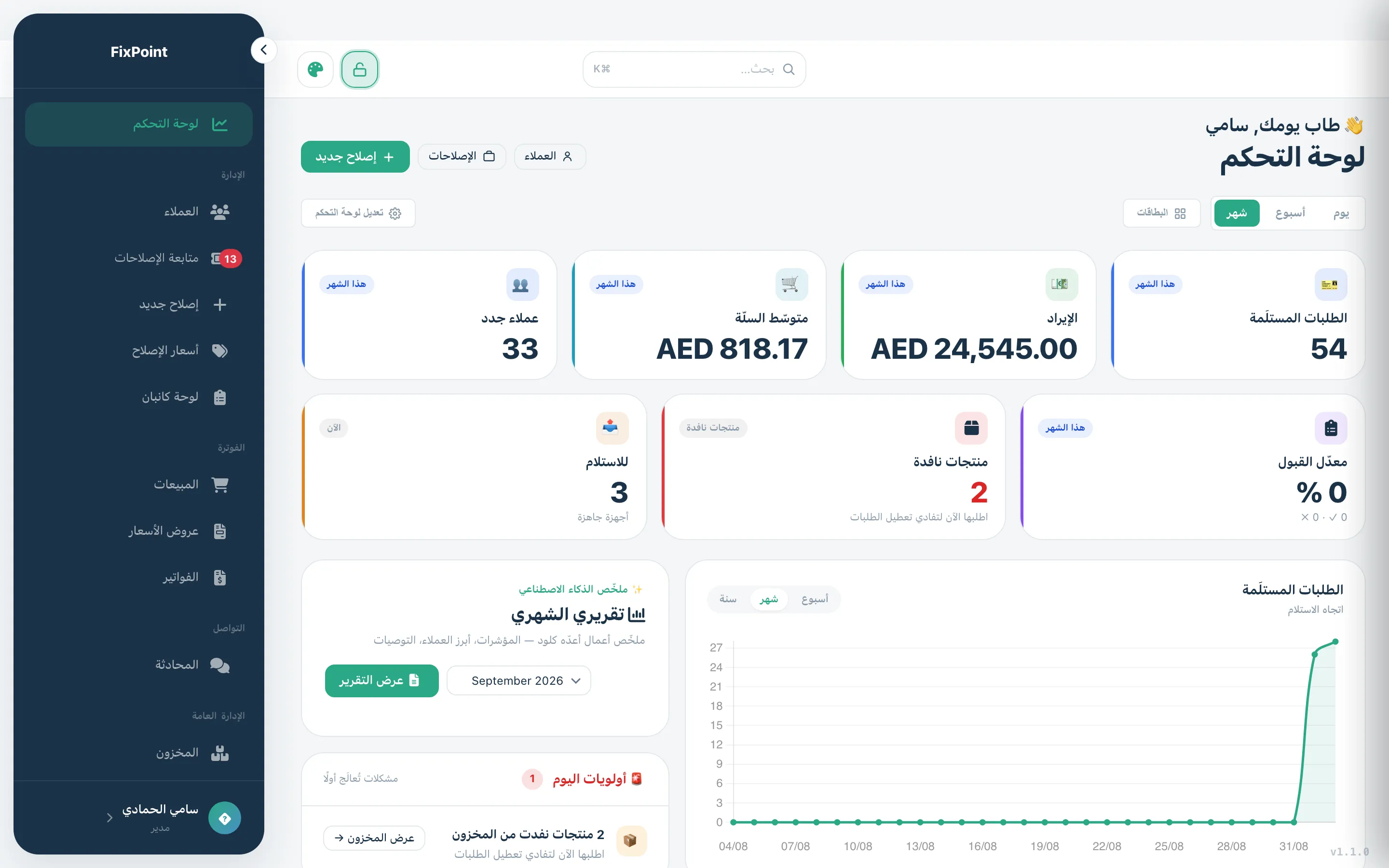 لوحة التحكم: أرقام الشهر وأولويات اليوم.