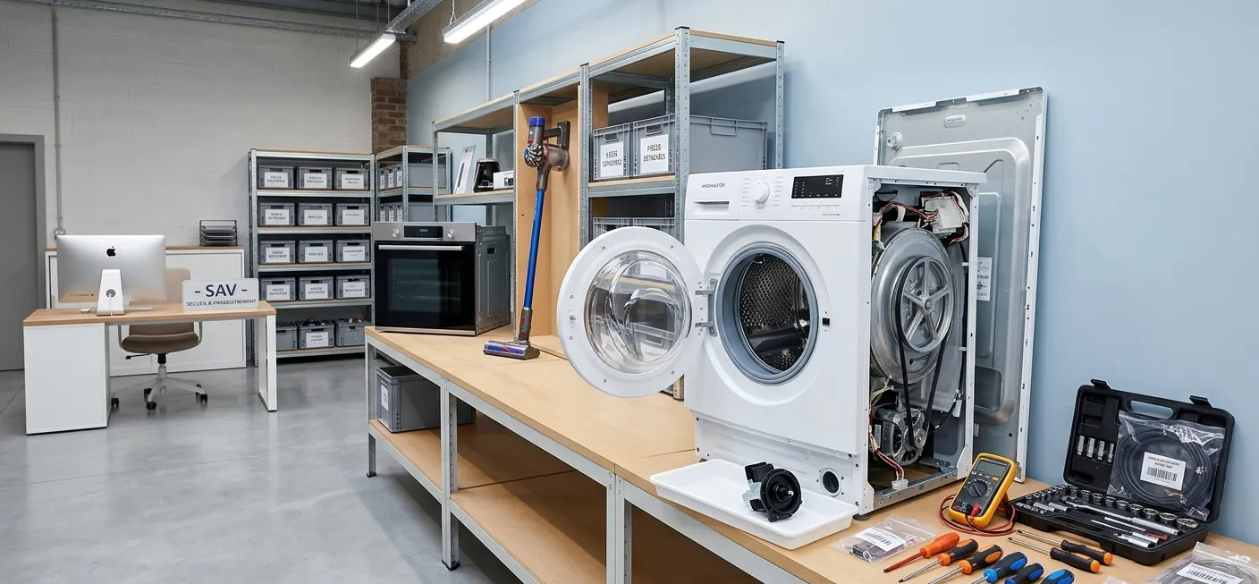 Washing machine opened and stripped down in an appliance repair workshop, oven and vacuum waiting