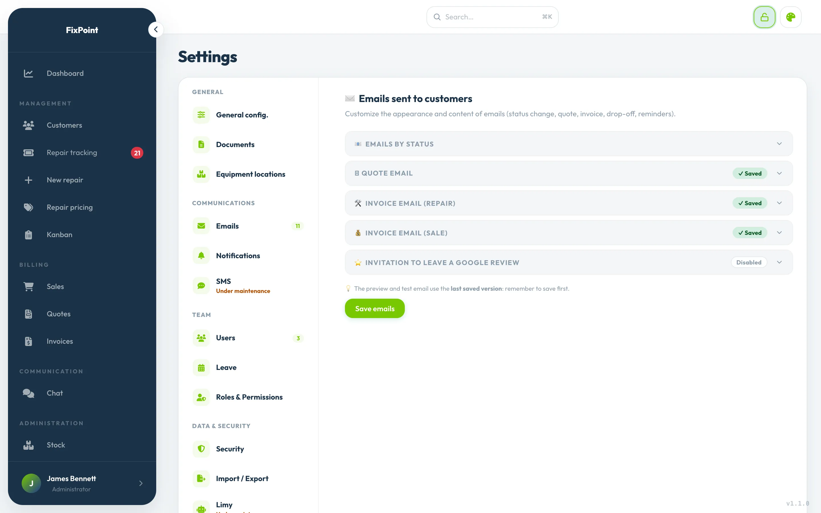 Settings for the emails sent to customers, one per repair status.