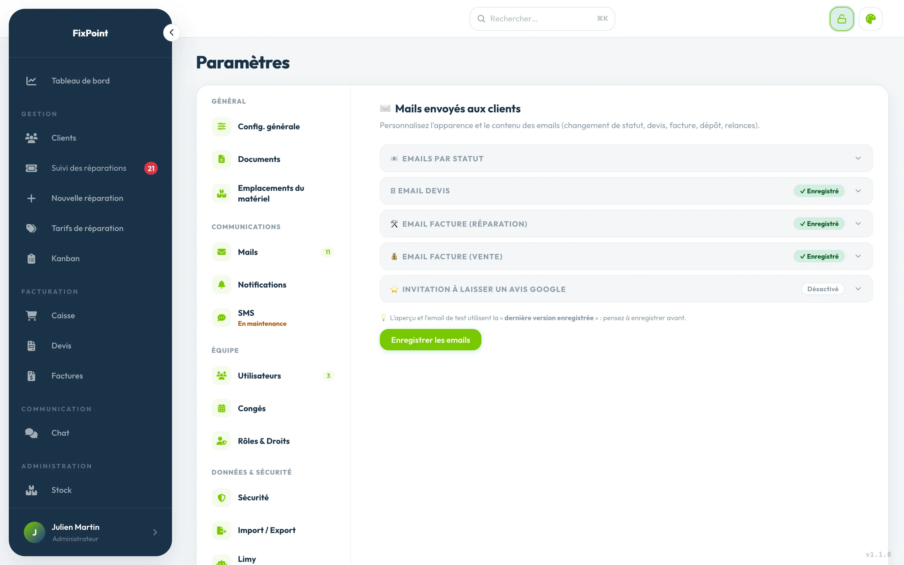 Réglage des emails envoyés aux clients, un par statut de réparation.