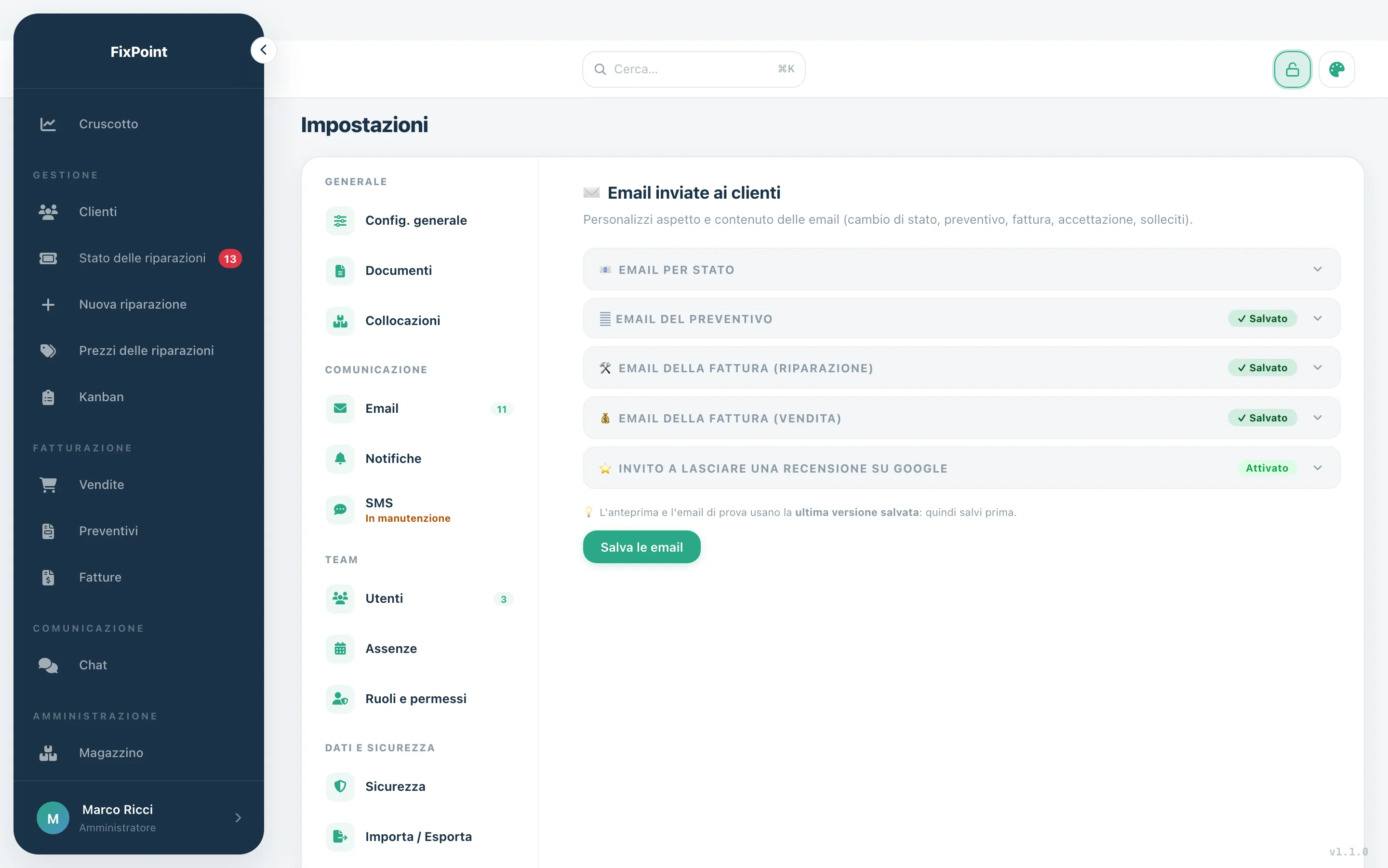 Impostazioni delle email inviate ai clienti, una per ogni stato della riparazione.