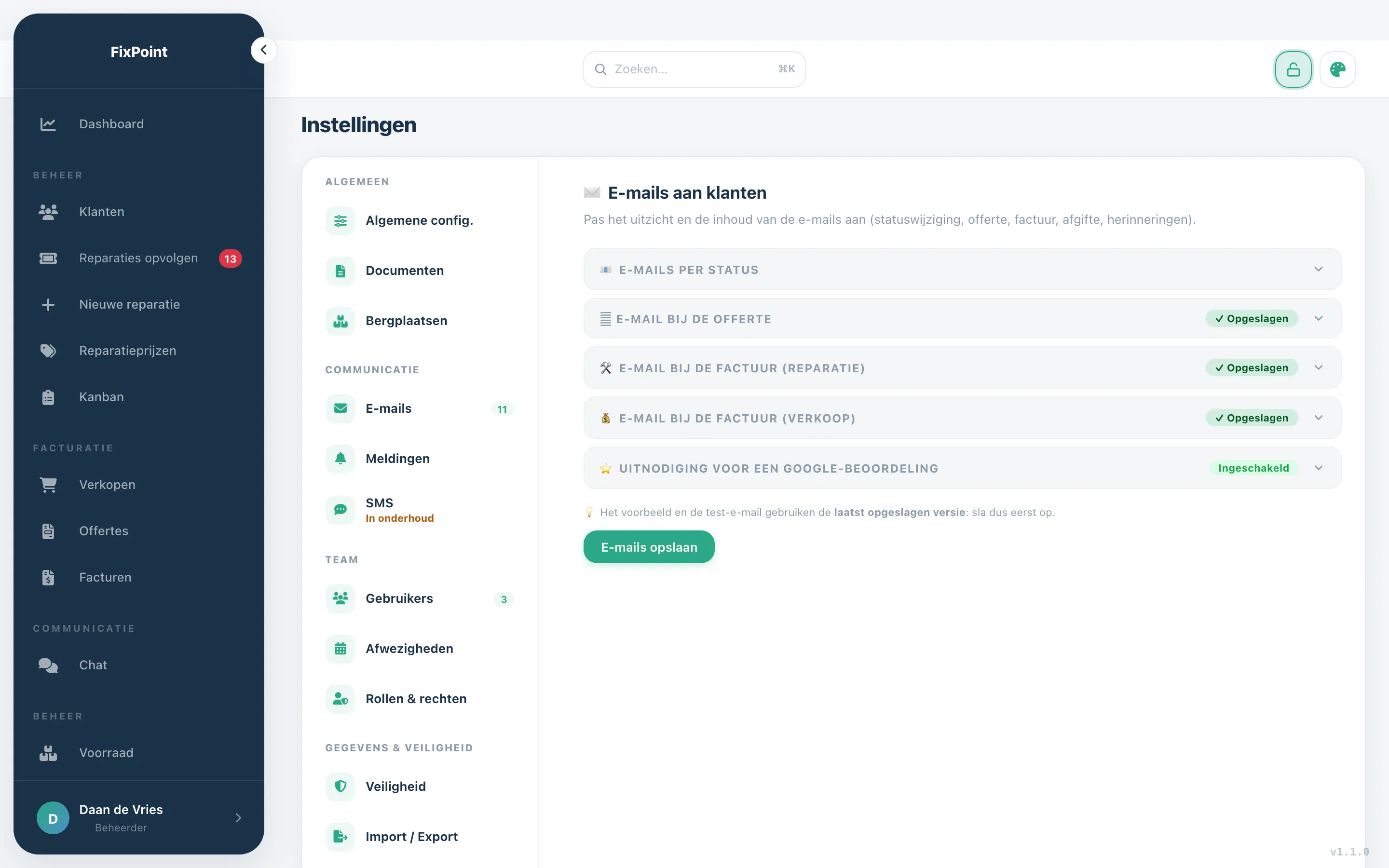 Instellingen voor de e-mails naar klanten, één per reparatiestatus.