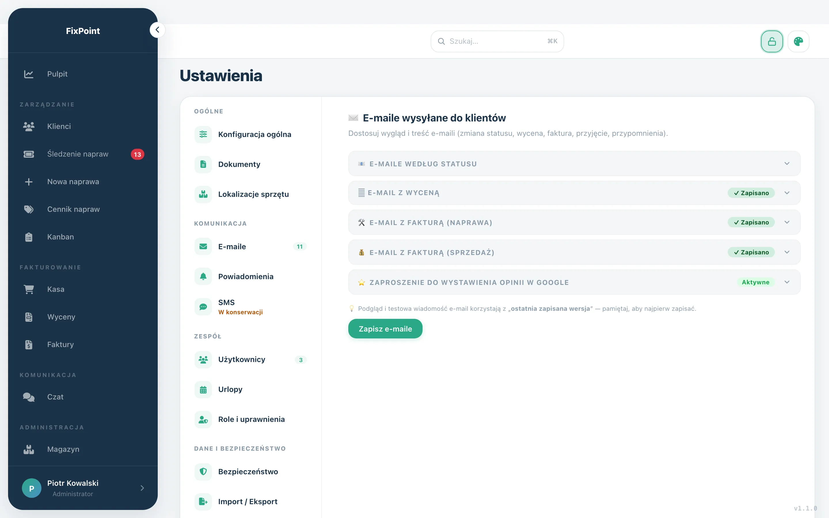 Ustawienia e-maili wysyłanych do klientów, jeden na każdy status naprawy.