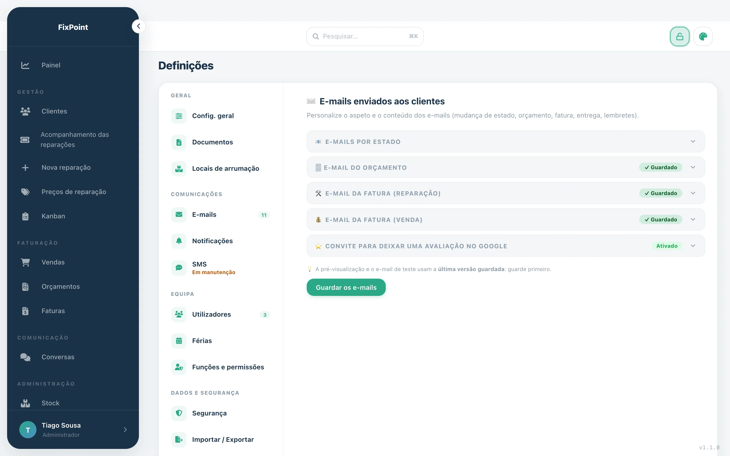 Configurações dos emails enviados aos clientes, um por cada estado da reparação.