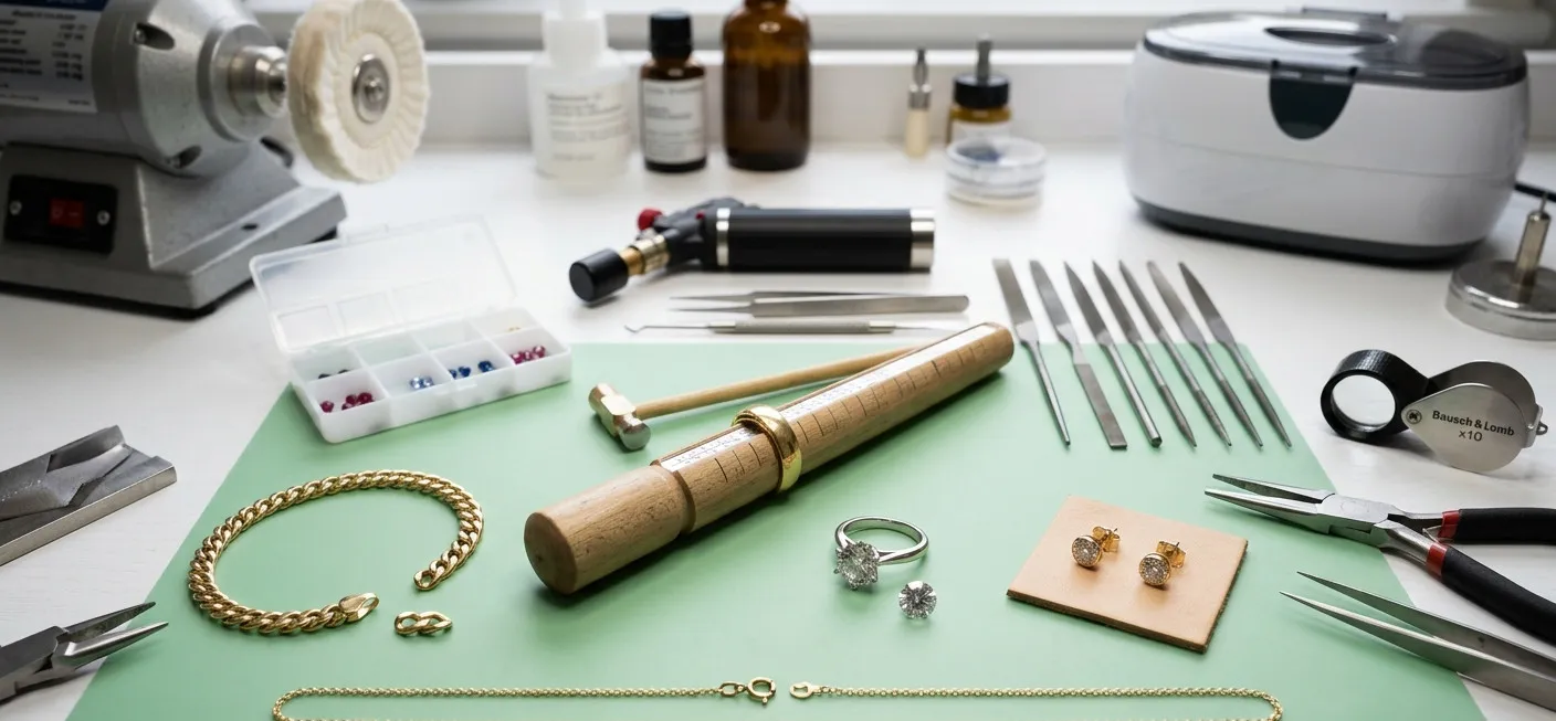 Gold rings, chain and bracelet under repair on a jeweller’s bench, ring mandrel and needle files lined up