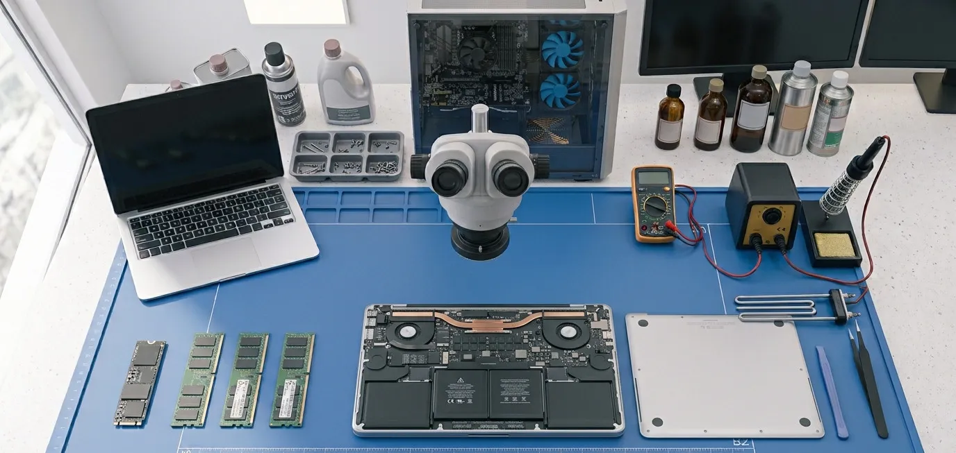 Laptop taken apart, open MacBook and gaming tower on a repair workstation