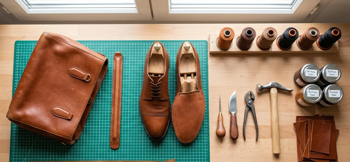 Leather bag, belt and shoes under repair on a cutting mat, threads and tools lined up