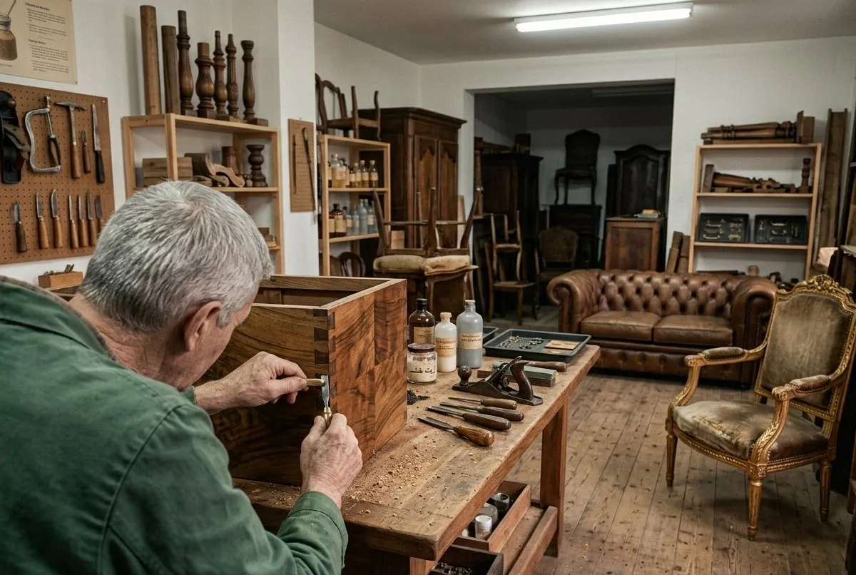 Cabinetmaker cutting a dovetail joint in a furniture restoration workshop