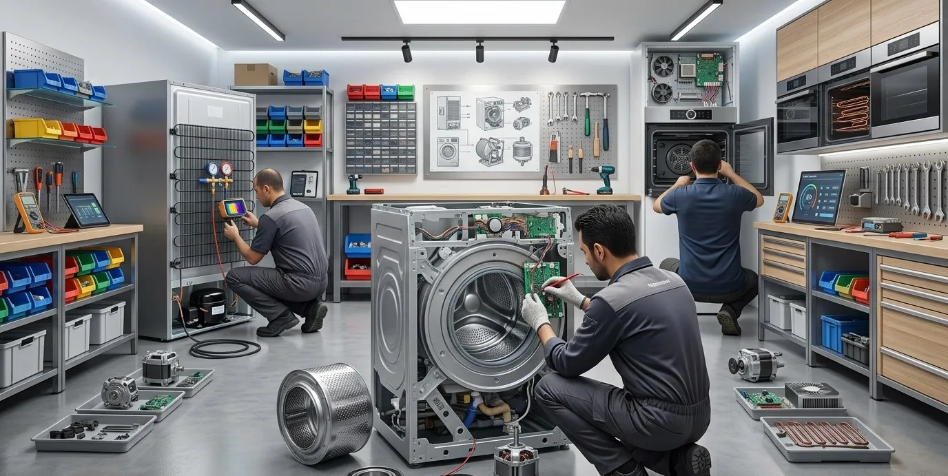 Technicians testing the control board of a stripped-down washing machine