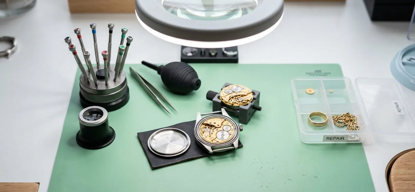 Watchmaker’s bench: an open watch movement, watchmaker’s screwdrivers and loupes lined up on a green mat