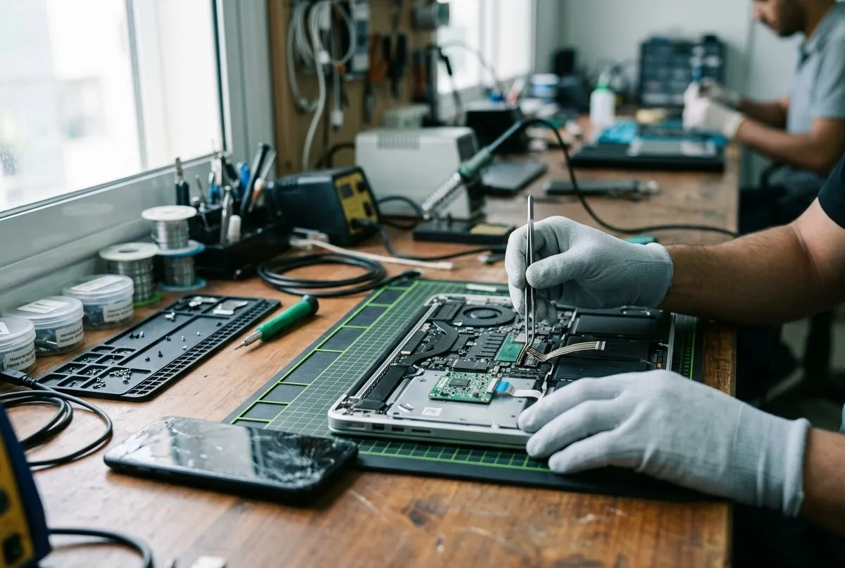 Technician taking apart a laptop with precision tweezers on a workshop bench