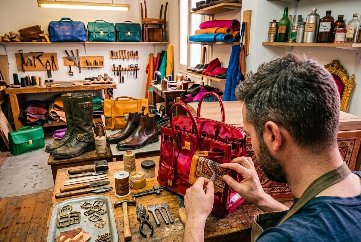 Leatherworker repairing a leather handbag, tools and buckles laid out on the bench