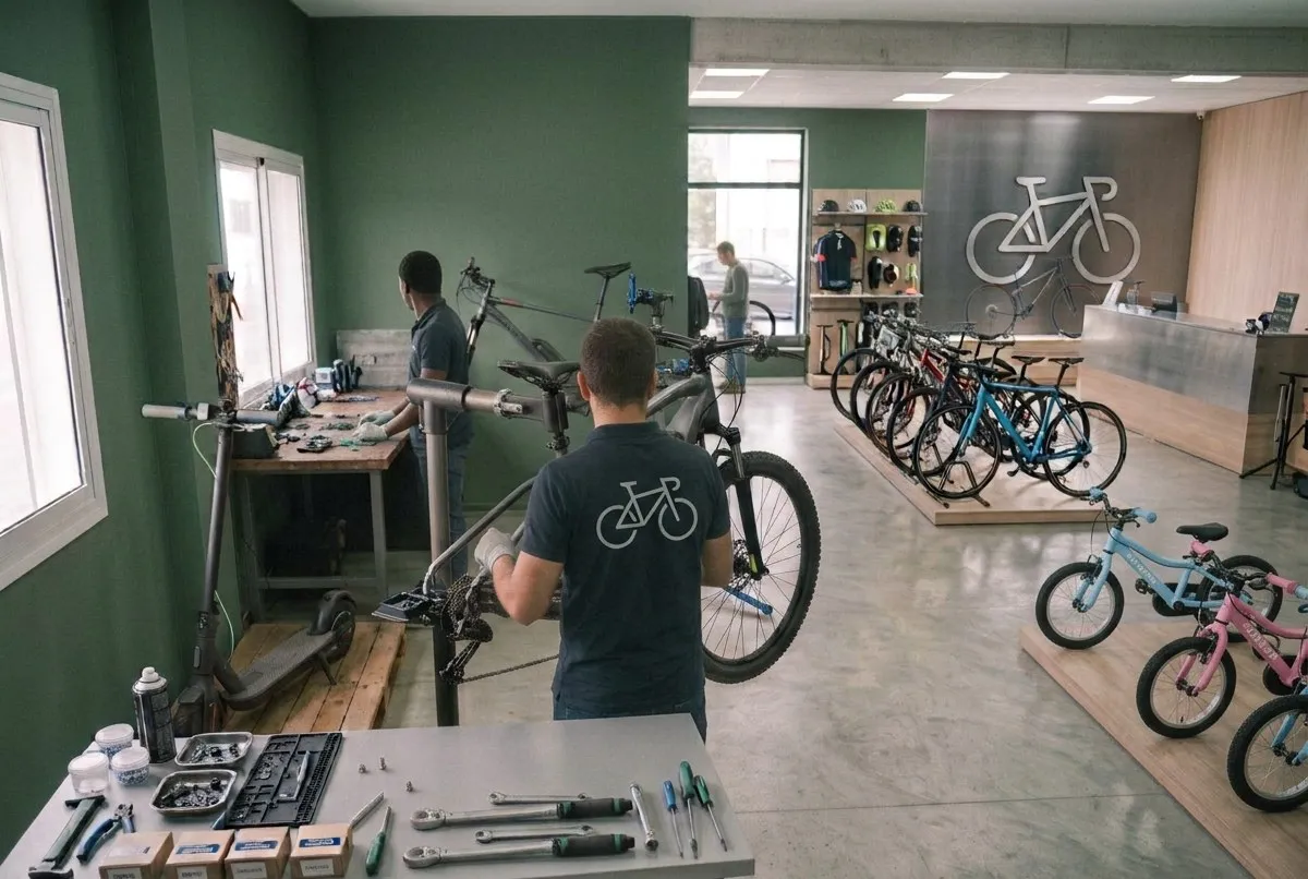 Mechanic adjusting an electric bike on a repair stand in a cycle shop