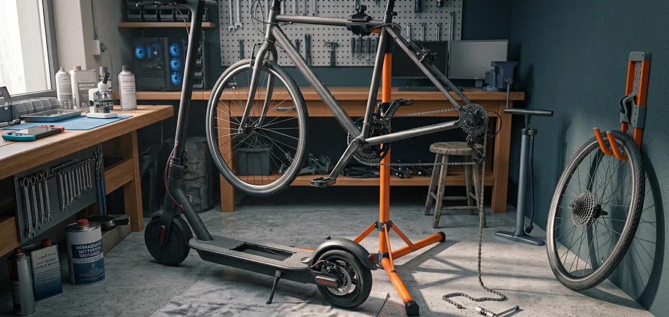 Bicycle on a repair stand and electric scooter under repair in a cycle workshop
