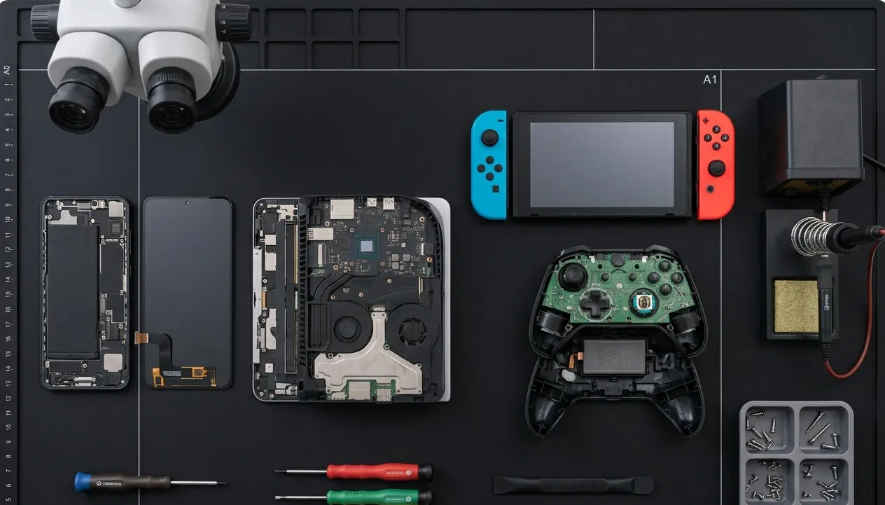 Smartphone, laptop and game controller taken apart side by side on the same bench