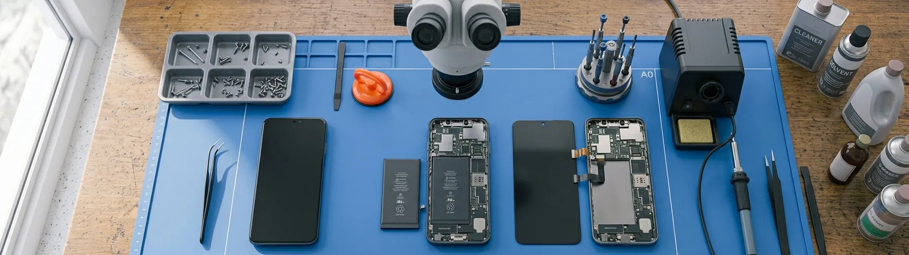Three smartphones under repair on an antistatic mat, one screen removed beside its frame