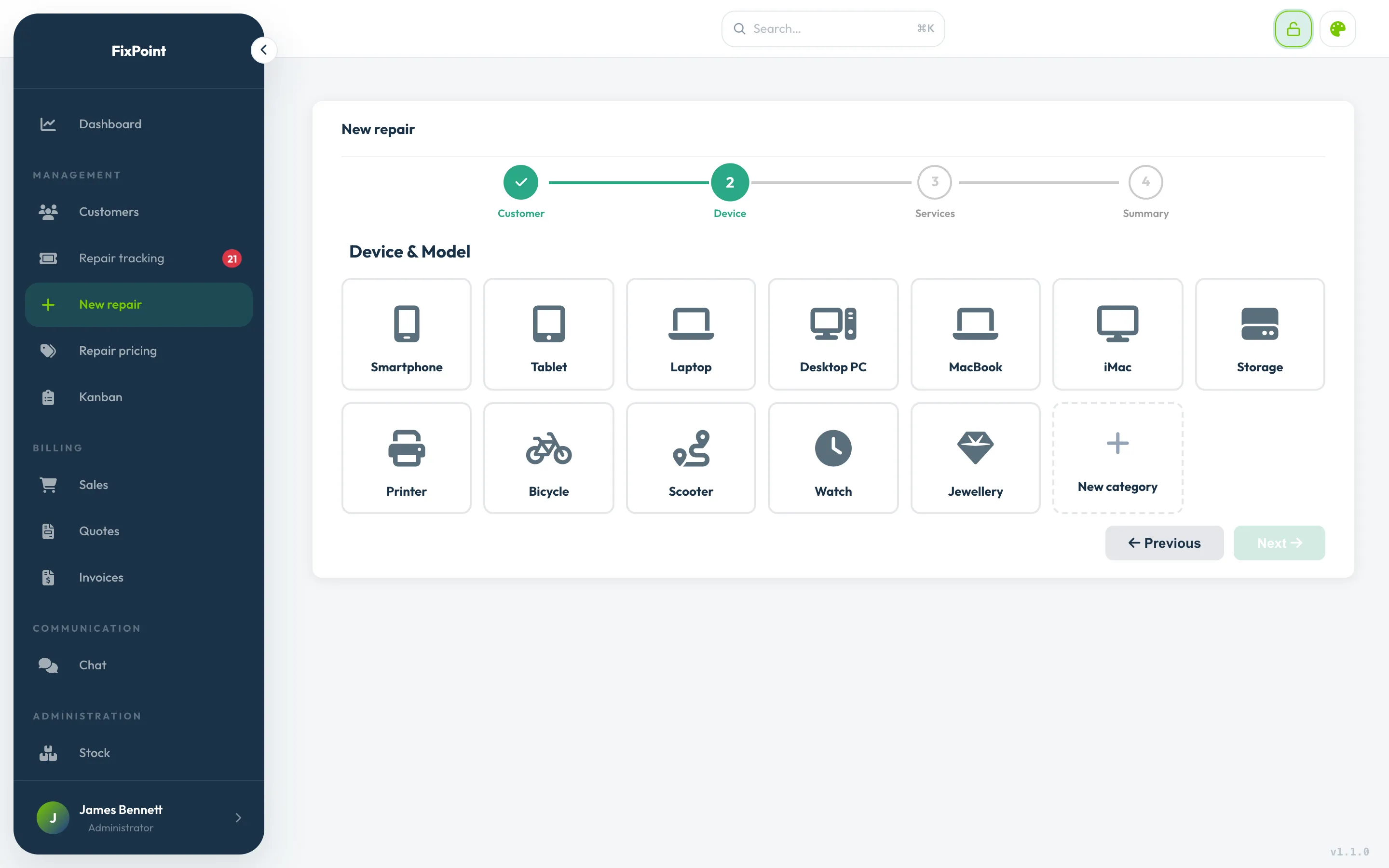 Check-in assistant: choosing the device type from fifteen categories.