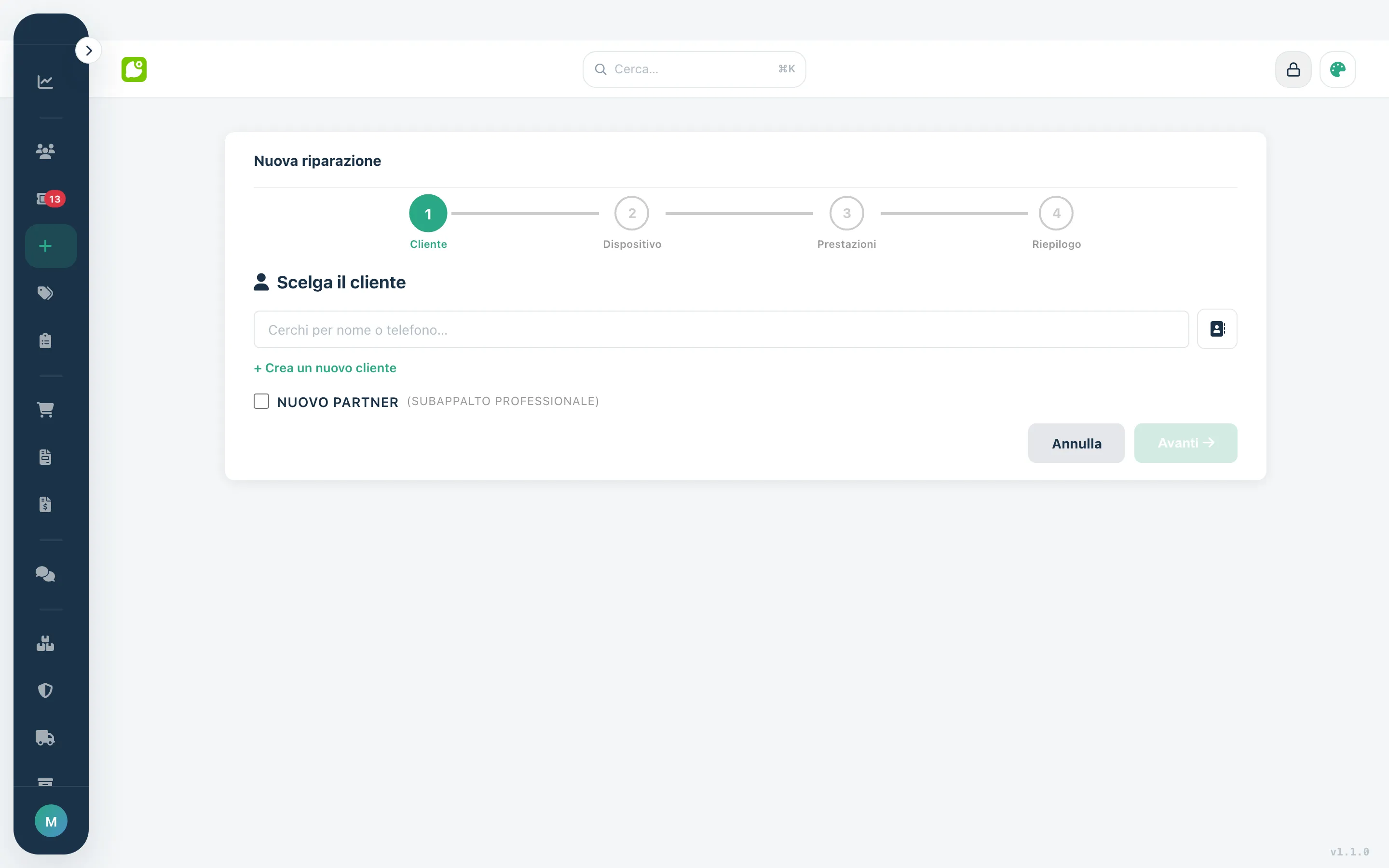 Assistente di accettazione: scelta del tipo di dispositivo tra quindici categorie.